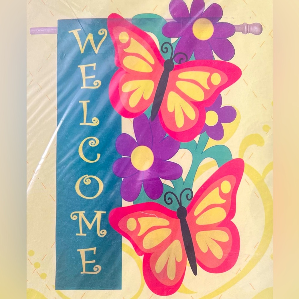 Evergreen welcome butterfly outdoor appliqué flag NEW